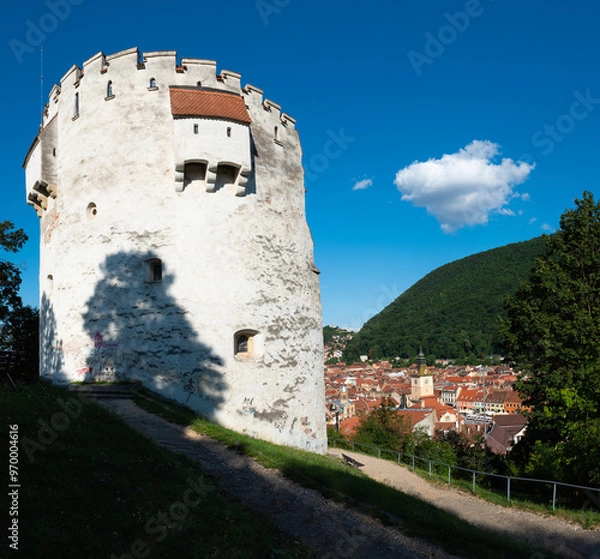 Fototapeta Panoramic view on the White tower and Brasov town with the Council’s House and main square, Brasov, Romania