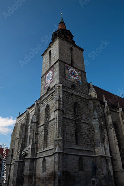 Fototapeta Views on the iconic Black Church in Brasov, the Biserica Neagră, a stunning Gothic Lutheran cathedral from the 14th century, Brasov, Romania