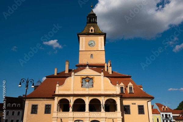 Fototapeta The Council’s House on the main square (The Council square, Piața Sfatului) with it’s typical recognizable tower, Brasov, Romania