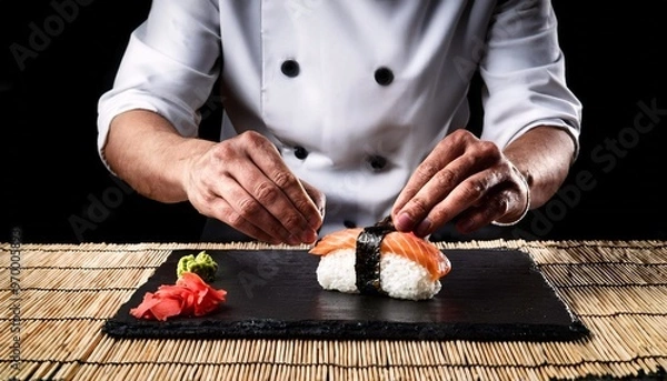 Obraz Chief preparing sushi on wooden table with black background