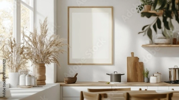 Fototapeta Modern Kitchen Poster Frame Mock-Up in Scandinavian Boho Style Interior Design