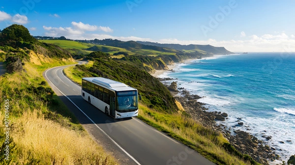 Fototapeta An electric bus driving along a scenic coastal route with the ocean on one side and rolling hills on the other under a clear blue sky.