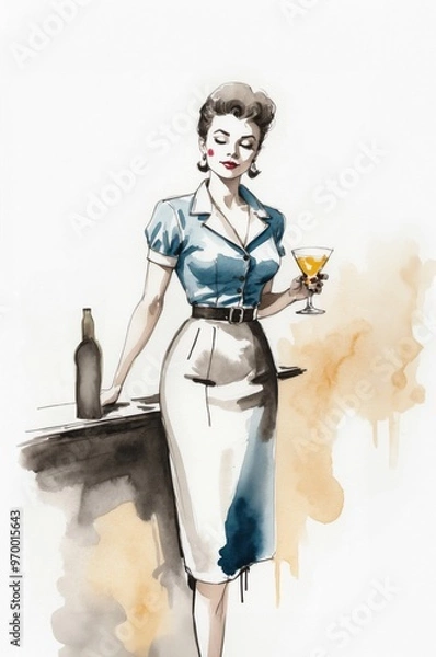 Fototapeta Vintage Watercolor Portrait of a 1950s Woman at Bar with Drink – Nostalgic Sketch Illustration for Lifestyle and Retro Themes
