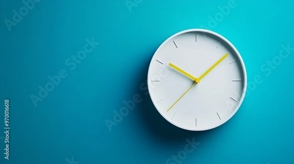 Fototapeta Minimalist image of a white wall clock with a yellow second hand hanging on a blue-turquoise background. The clock is centrally positioned, leaving ample copy space to the sides. 