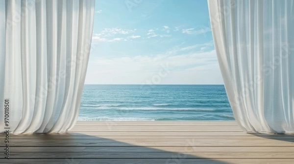 Obraz Ocean View Through Sheer Curtains