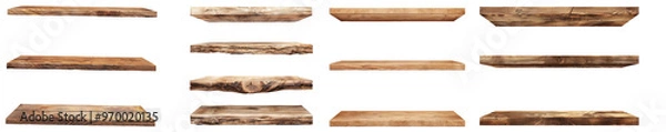 Fototapeta Set of empty wooden shelf isolated on transparent background, set of