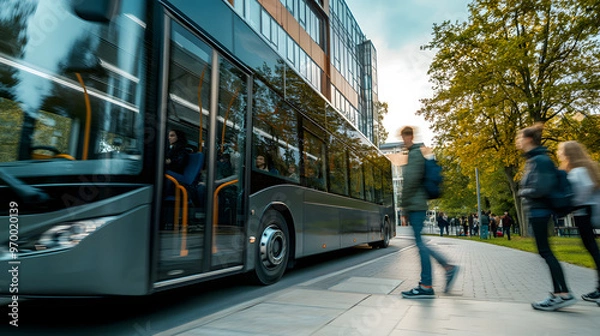 Fototapeta An electric bus passing by a university campus with students boarding reflecting the commitment to sustainability in educational institutions.