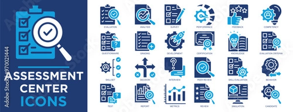 Fototapeta assessment center, employee, business, career, job, concept icon set. Outline icons collection. Simple vector illustration