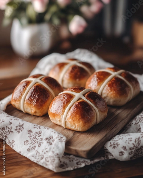 Fototapeta  Freshly Baked Hot Cross Buns on a Wooden Board with Rustic Fabric