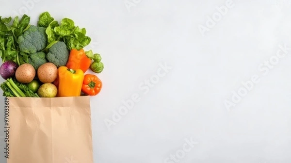 Fototapeta Brown paper bag filled with fresh vegetables, including broccoli, bell peppers, and potatoes, isolated on a white background. Grocery shopping concept.