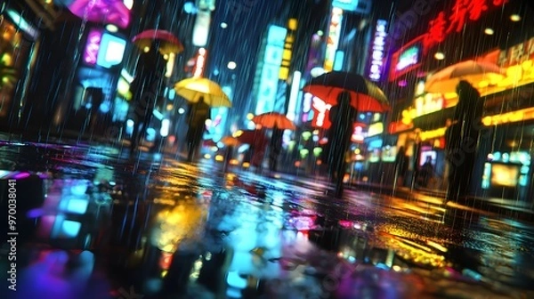 Fototapeta Rainy Night in Neon City.