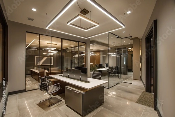 Obraz Stylish contemporary office with floating desks, geometric lighting fixtures, and glass partitions. Clean lines and an open layout for a modern feel.