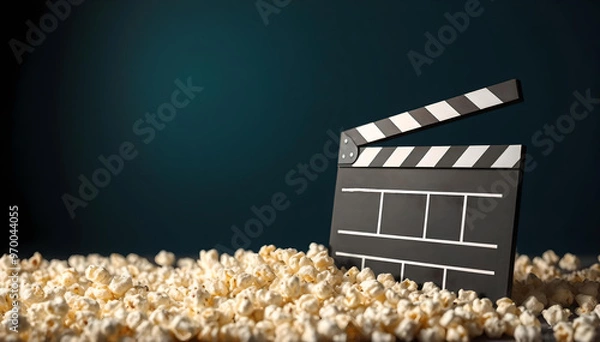 Fototapeta Cinema, popcorn, clapperboard theme with a copy space