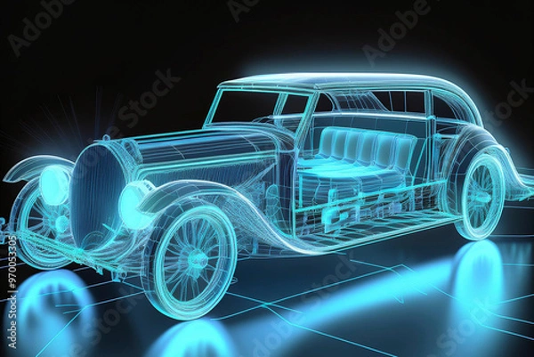 Fototapeta photograph of an old car on a wooden floor with a dark background