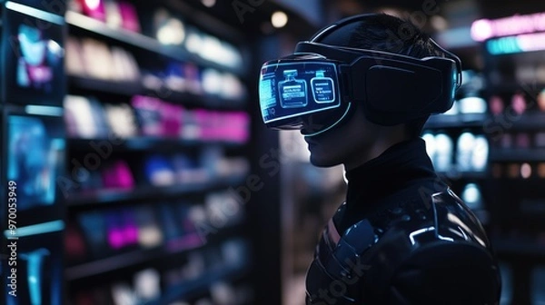 Fototapeta Person wearing VR headset with holographic products for Cyber Monday shopping experience