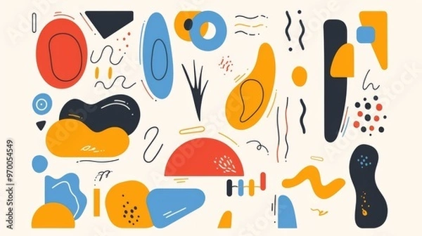 Fototapeta Fun and Colorful Doodle Shapes Collection for Children or Party Celebrations. Creative Minimalist Art Featuring Basic Shapes and Upbeat Childish Scribbles in a Simple Style.