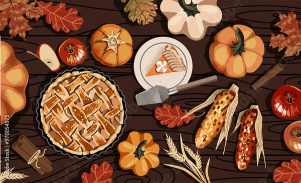 Fototapeta Thanksgiving Day table, dinner concept. Autumn leaves, pumpkin pie, apples and plates on the wooden background. Vector illustration for postcard, banner, card, poster, background.