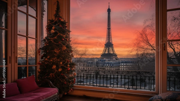 Obraz a Parisian apartment with a Christmas tree and  an Eiffel Tower view 