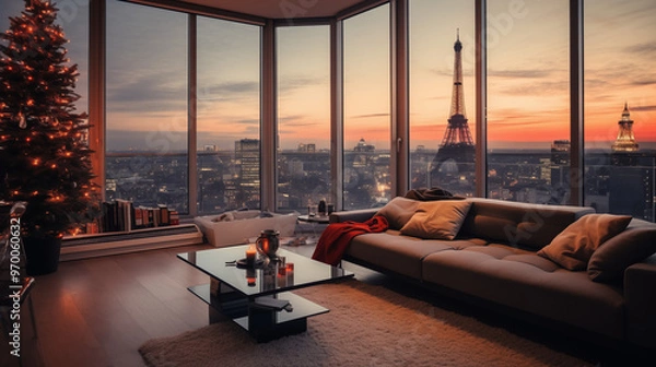 Fototapeta a chic Parisian apartment with a Christmas tree and  an Eiffel Tower view 