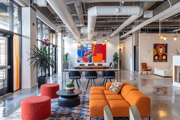 Obraz Unique co working space with modular furniture, bold colors, and dynamic artwork. 