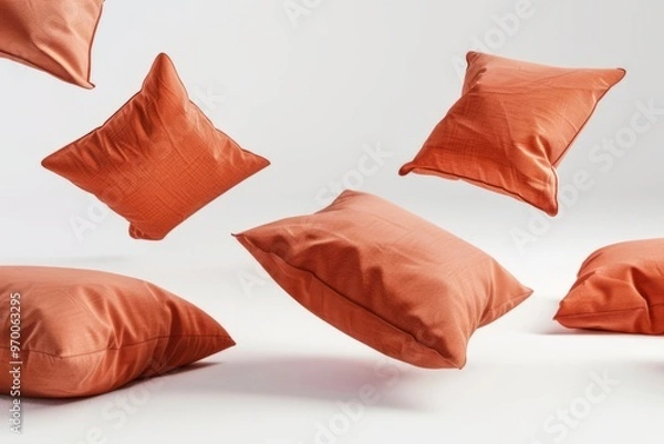 Obraz Floating orange pillows against a light background, showcasing several cushions in mid-air with soft fabric and dynamic positioning