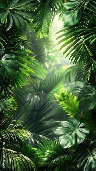 Fototapeta Colorful summer tropical palm leaves with copyspace, trendy summer jungle style floral green pattern background, colors botanical tropical leaves ,sun light and shadows.
