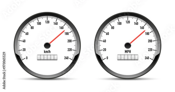 Obraz Realistic speedometer isolated on white background. Racing speedometer. Engine power concept template. Speedometer with red arrow and scale for measuring miles and kilometers. Vector illustration