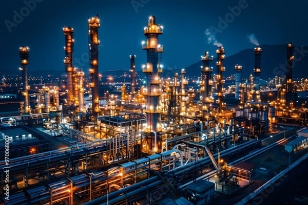 Fototapeta Illuminated Industrial Complex at Night