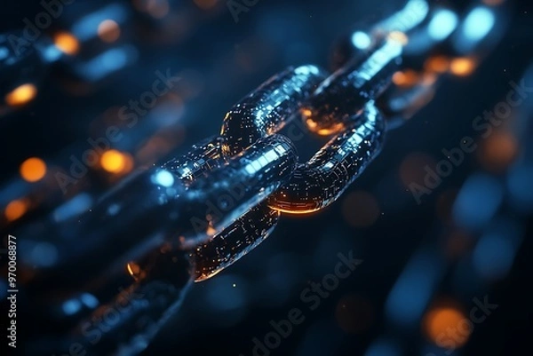 Fototapeta Closeup of shiny metal chain links with glowing blue light