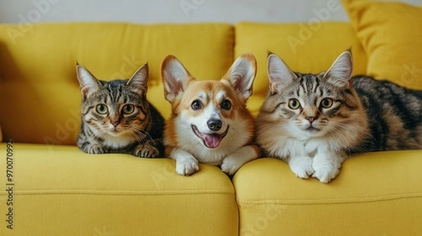 Obraz Three Pets on a Yellow Couch