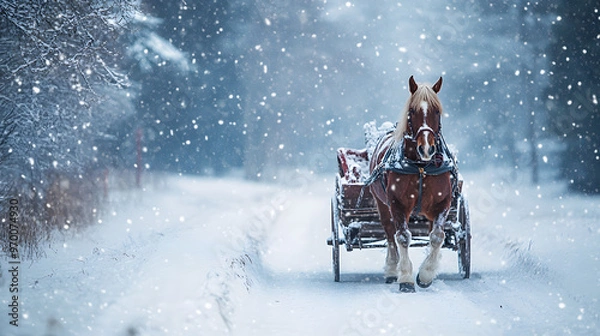 Fototapeta A horse-drawn sleigh moving through a snowy countryside with snowflakes gently falling.