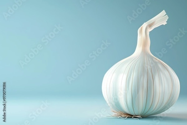 Fototapeta A close-up of a fresh garlic bulb on a smooth blue background, highlighting its unique texture and shape.