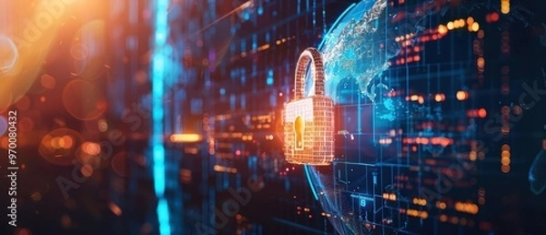 Fototapeta A digital lock symbolizes cybersecurity, representing online protection and data security against cyber threats.