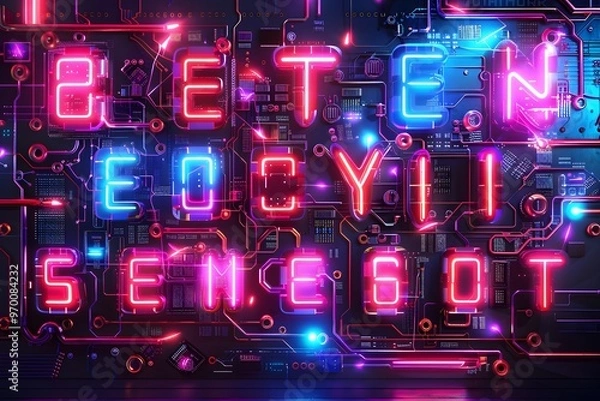 Fototapeta Neon Circuitry with Glowing Letters on a Tech Background