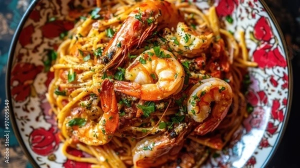 Obraz Shrimp pasta with parsley and black pepper in a colorful bowl.