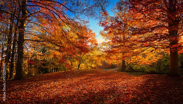 Obraz Autumn fall leaves through the trees yellow orange red landscape