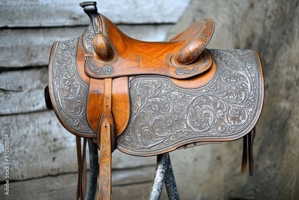 Fototapeta Show saddle with tooling and silver on metal stand