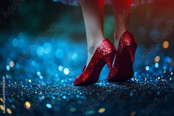 Fototapeta Dorothy's magical ruby slippers sparkle and shine as she embarks on her journey to find her way back home to Kansas. 