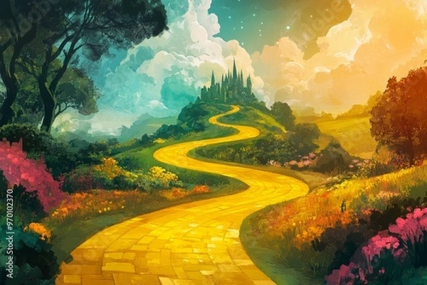 Fototapeta illustration of the iconic yellow brick road as it winds its way through a magical land filled with wonder and adventure