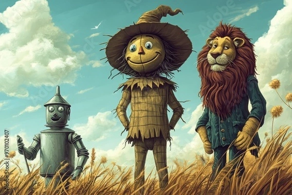 Fototapeta illustration of The lovable Scarecrow searches for a brain in the land of Oz, accompanied by his faithful friends, the Tin Man and the Lion 