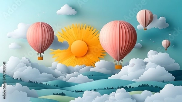 Obraz Colorful hot air balloons float above a sunny, cloud-filled landscape.