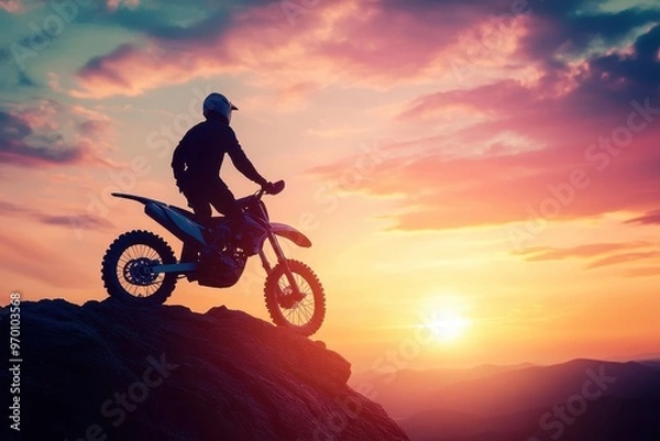 Fototapeta Silhouetted man on motocross bike atop rocky mountain at sunset representing enduro travel