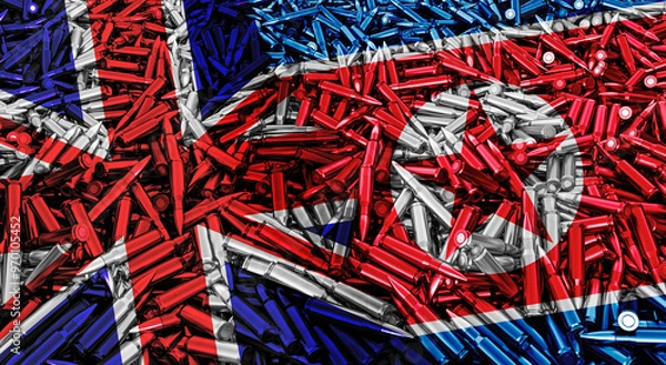 Fototapeta A large pile of bullets for automatic weapons in the shape of the Great Britain and North Korea flags, the concept of military conflict