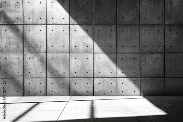 Fototapeta Concrete Wall with Square Panels and Diagonal Shadow