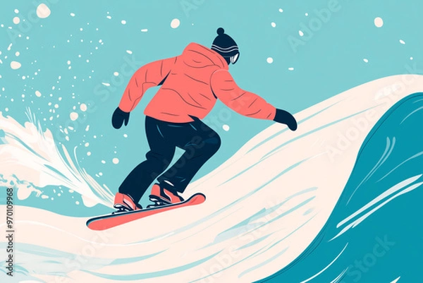 Fototapeta Illustration of a snowboarder in a red jacket advancing down a snowy slope.