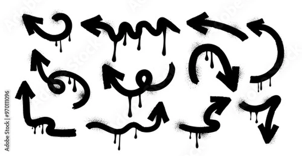 Obraz Set of arrows in hand drawn style. Icon. Brush. Charcoal and crayon. Drawing. Scribble pencil. Grunge texture shape. Trendy elements. Collection graffiti. Spray, dots. Melted paint. Ink. Freehand.