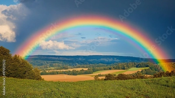 Fototapeta A stunning rainbow arcs across a blue sky, spanning over lush green hills and fields, creating a serene and colorful natural scene