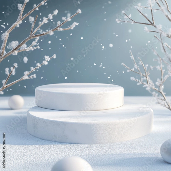 Fototapeta Product display podium with snow background, 3d