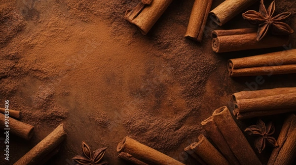 Fototapeta aromatic cinnamon sticks and star anise on rustic brown background