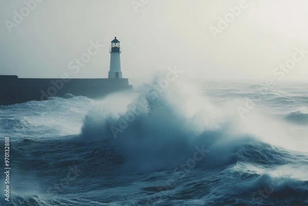 Fototapeta A solitary lighthouse stands robust against the crashing waves and stormy skies, symbolizing resilience and steadfastness despite the turbulent forces of nature around it.